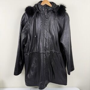 Knoles & Carter Downtown Black Leather Coat XL Fur Trim Hood Italian Lambskin